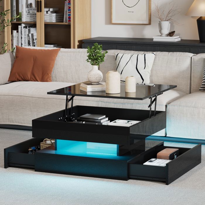 Lemonbest Table basse relevable LED 65 x 65 cm Noir - 2 tiroirs rangement dissimulé plateau relevable jusquà 525 cm