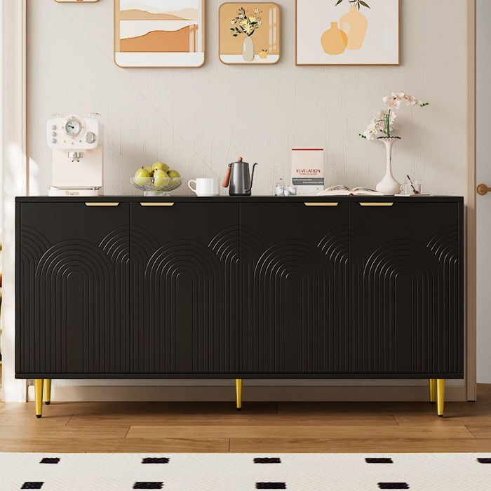 Buffet de cuisine 160x40x80 cm avec poignées dorées et 4 portes Buffet avec pieds brillants commode Buffet salon en noir