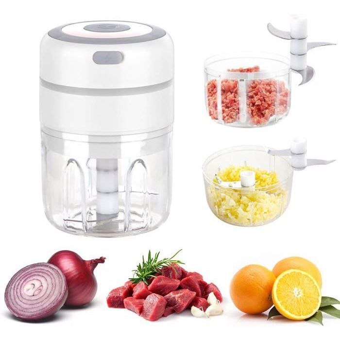Mini électrique Hachoir à Oignons avec 2 Tasses Multi Mixeur Electrique de Cuisine Hachoir 250ML+100ML USB Rechargeable YYV - Yyv