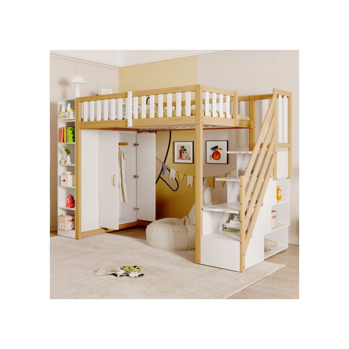 Lit Mezzanine 90x200cm Multifonction avec Armoire Étagères et Escalier avec Rangement lit 1 place - Pin Massif Blanc