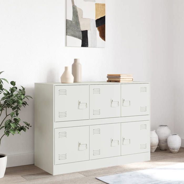 Buffet en acier - vidaXL - 99x39x73 cm - Blanc - 6 compartiments - 6 poignées en métal - Capacité 90 kg