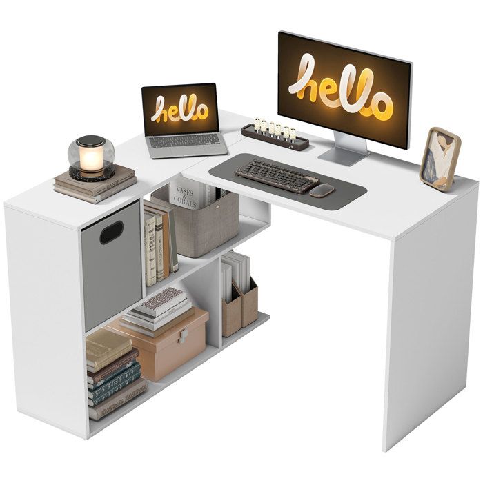 Bureau dangle - HOMCOM - tiroir en tissu et compartiments ouverts - panneau de particules - 110 x 100 x 75 cm - blanc