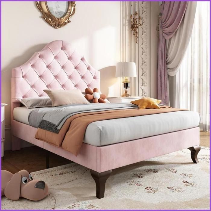 Lit Capitonné 90x200 cm - Tête Réglable - Lattes Bois - Velvet Rose - Pour Adolescents