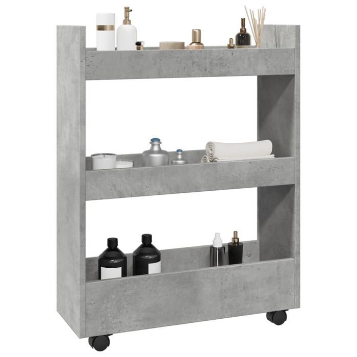 Chariot de rangement étroit - vidaXL - 3 niveaux - Gris béton - 60x22x80 cm - Bois dingénierie - 4 roulettes