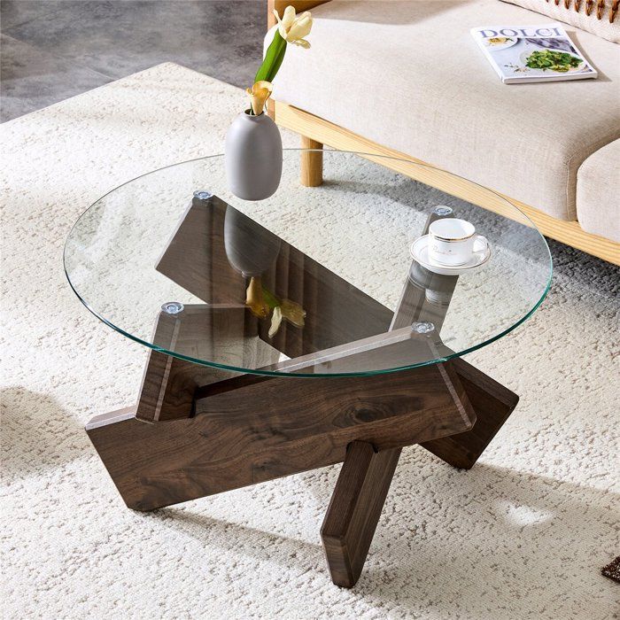 Table Basse de Salon Ronde en Verre Trempé Transparente Table Basse Moderne Épuré Design avec Pieds en Bois Noye Foncé 79x79x45 cm