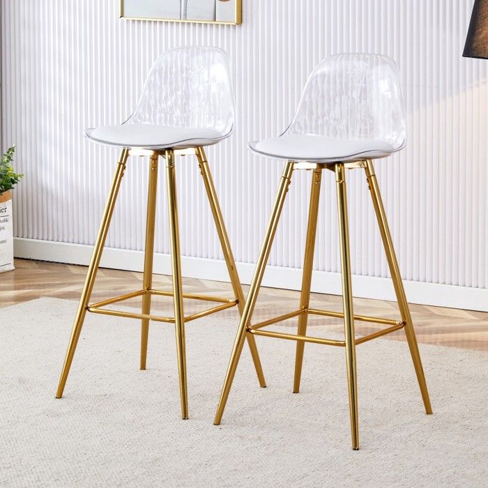Tabourets bar dorés avec dossier transparent - Lot de 2 chaises hautes pour comptoir café salon 38x33x96.5cm