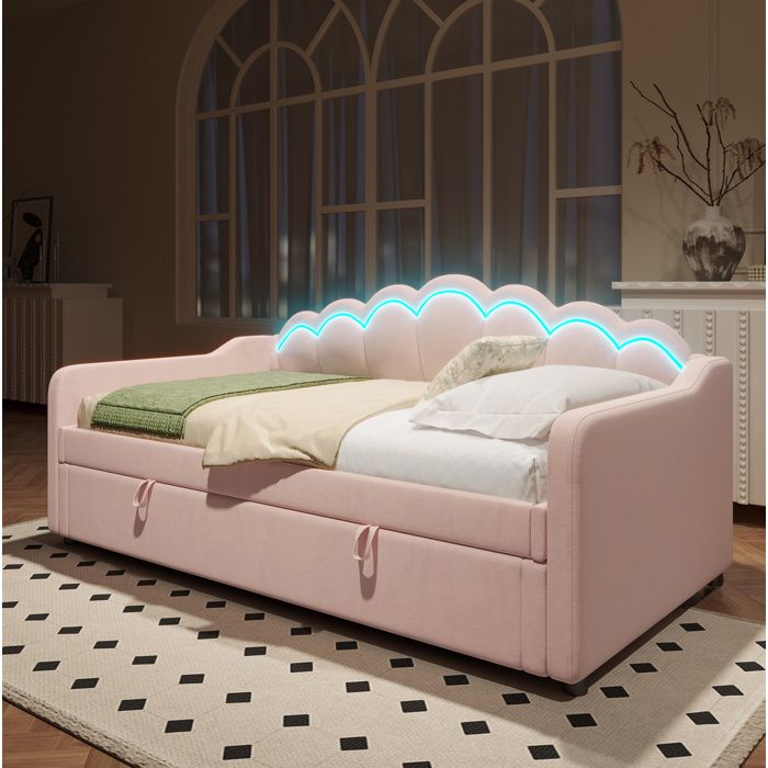 Lit banquette 90x200 cm lit simple avec rangement hydraulique et éclairage LED réglable velours rose Sans matelas