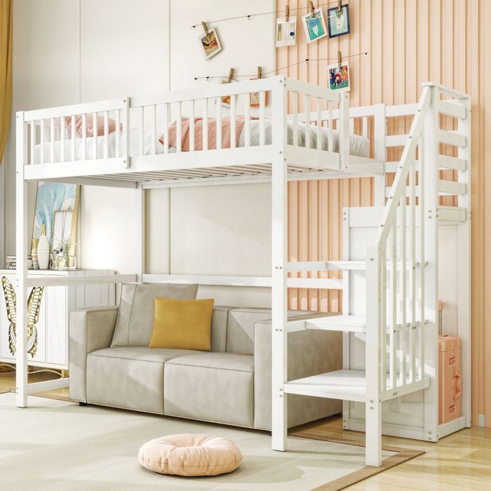 Lit Mezzanine Enfant 90x200 cm avec Rangement Escalier et Dressing Intégré Bois Blanc Multifonction pour Chambre Ado