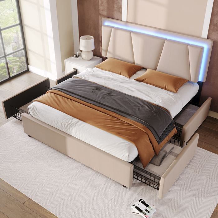 Lit - KOMHTOM - 160x200 - Matelas 720 ressorts - Sommier à lattes bois - 4 tiroirs Lit - KOMHTOM - 160x200 - Matelas 720 ressorts - Sommier à lattes bois - 4 tiroirs