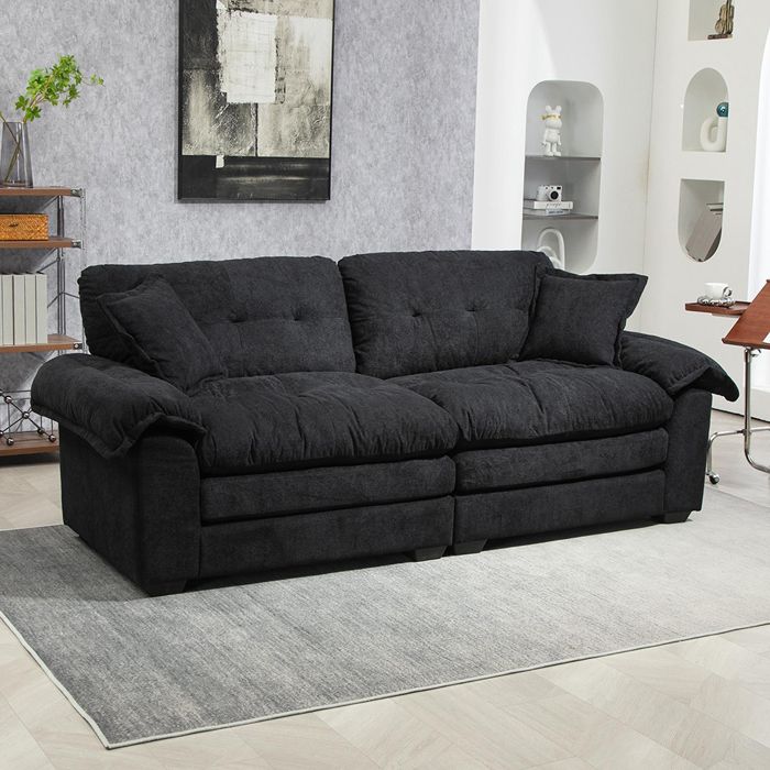 Canapé - MINIMAL - Canapé Simple Profond Chenille 213 cm - 2 places - Mousse mémoire + ressorts ensachés - Noir
