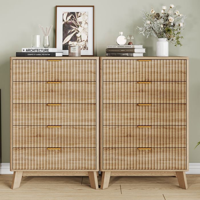 Lot de 2 Commode 5 Tiroirs Meubles de Rangement Buffet avec Poignée Golden Effet Lattes tasseau Bois Coloris chêne pour Chambre