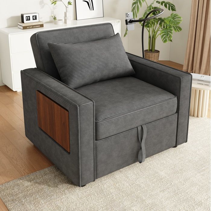 Canapé convertible 1 place gris L 93 x P 150 x H 85 cm dossier réglable USB et support téléphone