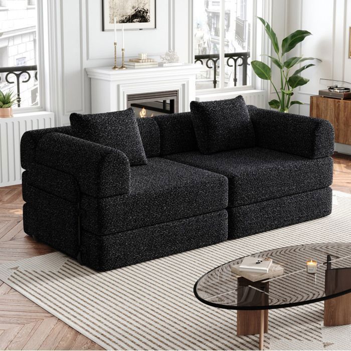 Canapé modulable 2 places noir en chenille convertible 2-en-1 rangement accoudoir montage nécessaire