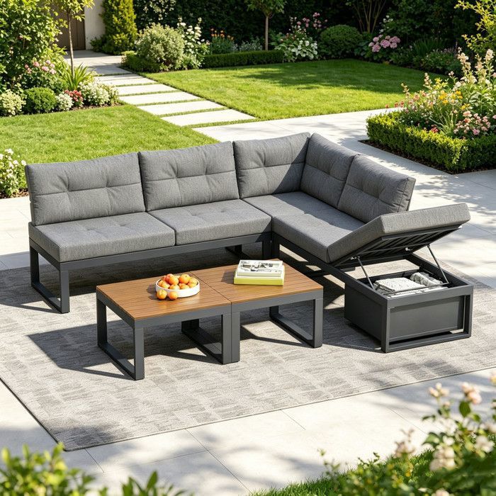 Luscriate - Salon bas de jardin dangle - Canapé dextérieur avec Table basse + Pouf rangement + Dossier réglable - Gris foncé