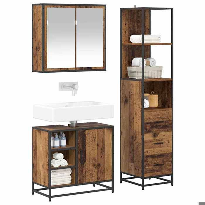 Meuble de salle de bain en 3 pcs - ARMOIRE/COLONNE WC - Bois Ancien 65x33x60 cm L5210
