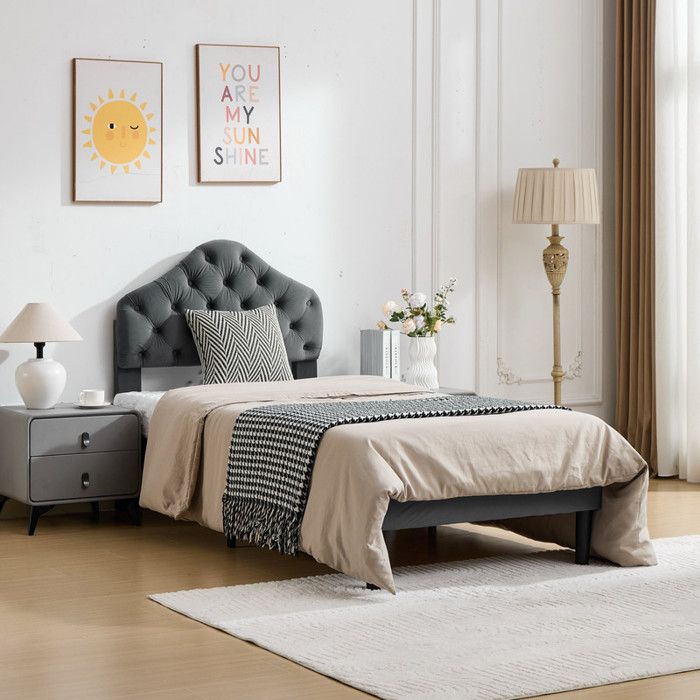 Lit simple 90 x 200 cm avec tête de lit réglable lit denfant en velours sommier adulte avec lattes gris