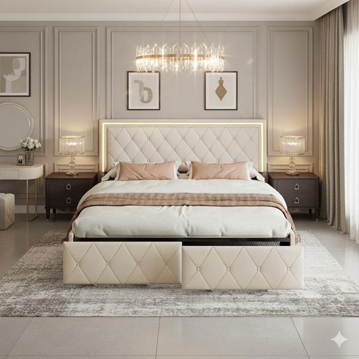 Lit double adulte rembourré PU - 140x200 cm - LED 4 tiroirs de rangement sommier à lattes tête de lit design - Noir