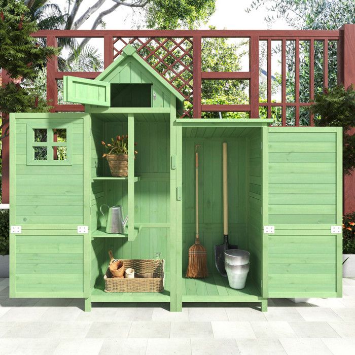 Abri de Jardin en Bois Cabane Jardin avec Toit en PVC incliné à loquet Coffre Jardin avec 2 étagères Rangement 110x52x170cm Vert
