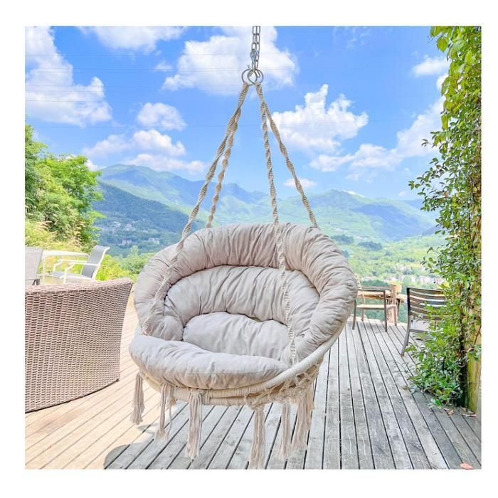 Fauteuil Suspendu Capacité 150 kg Chaise Coton avec Coussin Chaise Pivotante en Macramé Faite à la Main avec Kits de Matériel