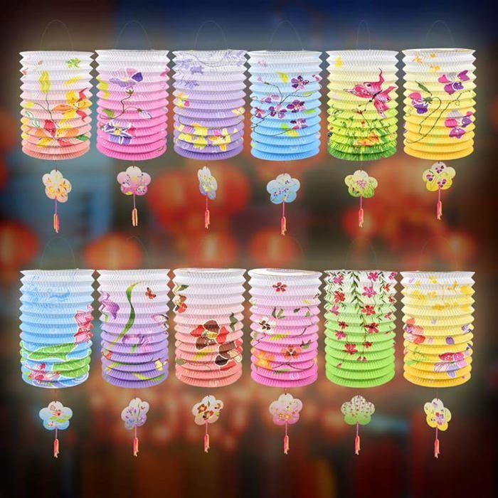 Lot de 12 Pieces Lanterne en Papier Plissée Pliable Chinoise/Japonais Lampe Multolore Bleu Rose Jaune Violet pour Noir