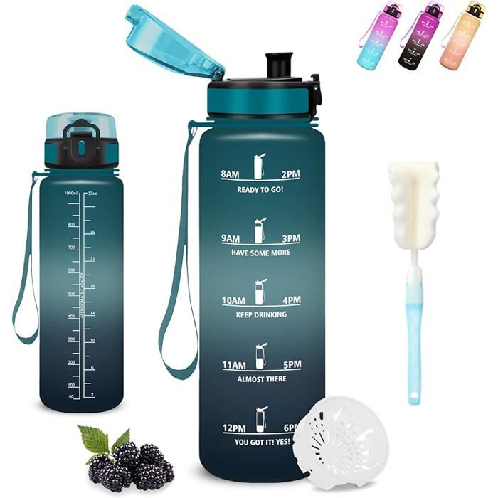Gourde Sport Gourde 1l Anti Fuite Gourdes Graduée avec Brosse Éponge Gourdes Graduée pour 1 Journee Vert Foncé-gris 1000 ML GOURDE