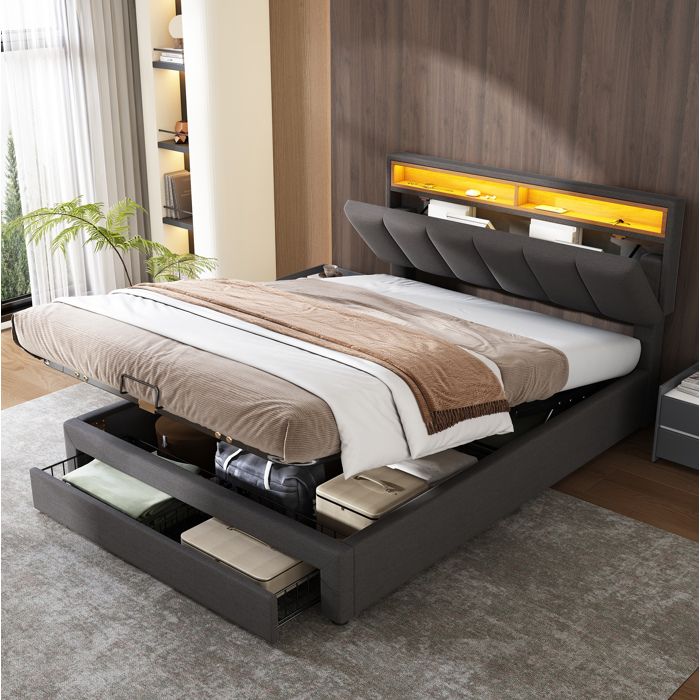 Lit Coffre Lit Double 140×200 cm avec LED Réglable Tiroir Rangements et Coffre Sans Matelas Gris - UVRION