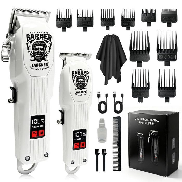 Ensemble LARGNER 2 en 1 : Barbe et cheveux - Design blanc écran numérique accessoires de salon de coiffure et de soins personnels.