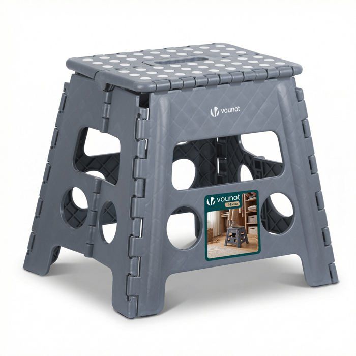 VOUNOT® Tabouret pliant portable 37x30x32.5 cm - Marchepied pliable antidérapant avec poignée - Plastique - Gris VOUNOT® Tabouret pliant portable 37x30x32.5 cm - Marchepied pliable antidérapant avec poignée - Plastique - Gris