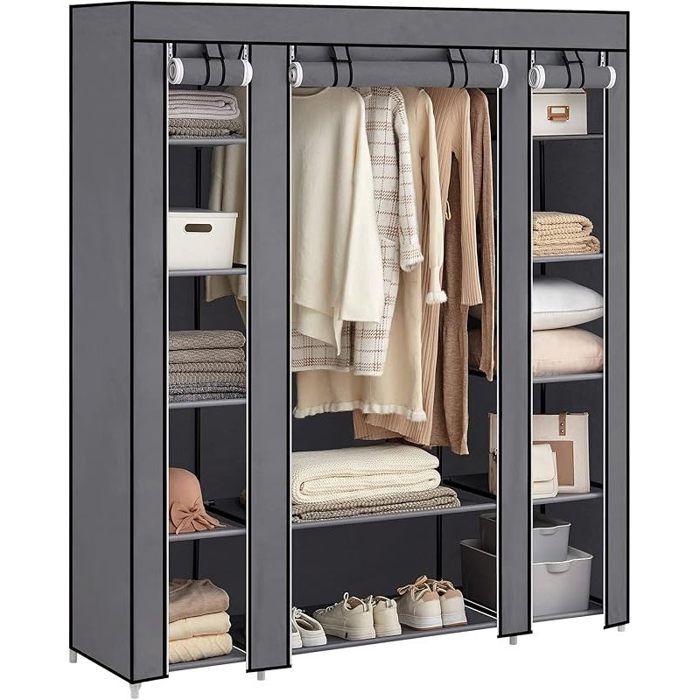 Armoire en Tissu 12 avec Tringle à vêtements et étagères - Armoire Solide pour Chambre à Coucher Dressing 150 x 45 Gris