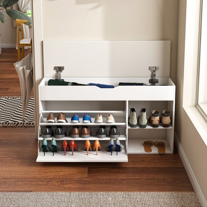 Banc à chaussures blanc 100x30x52cm avec rangements cachés rabattables design moderne minimaliste pratique pour entrée salon maison