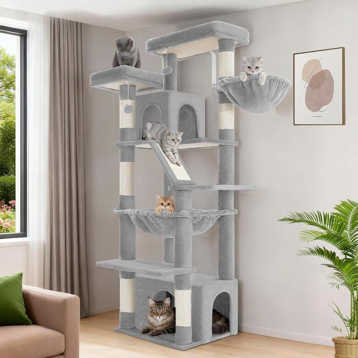 Arbre à Chat2 Plateformes 2 Niches 6 Griffoir HamacConvient à Toutes Les Races de Chats Notamment Le Maine Coon Gris Clair