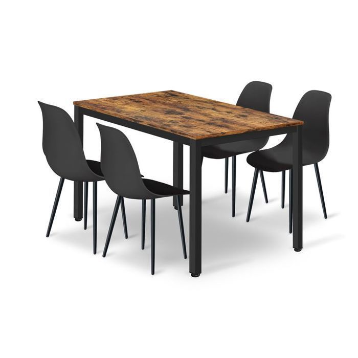 Ensemble : table TESSA 120 cm x 60 cm - style rustique / pieds noirs + 4 chaises WAT noires / pieds noirs