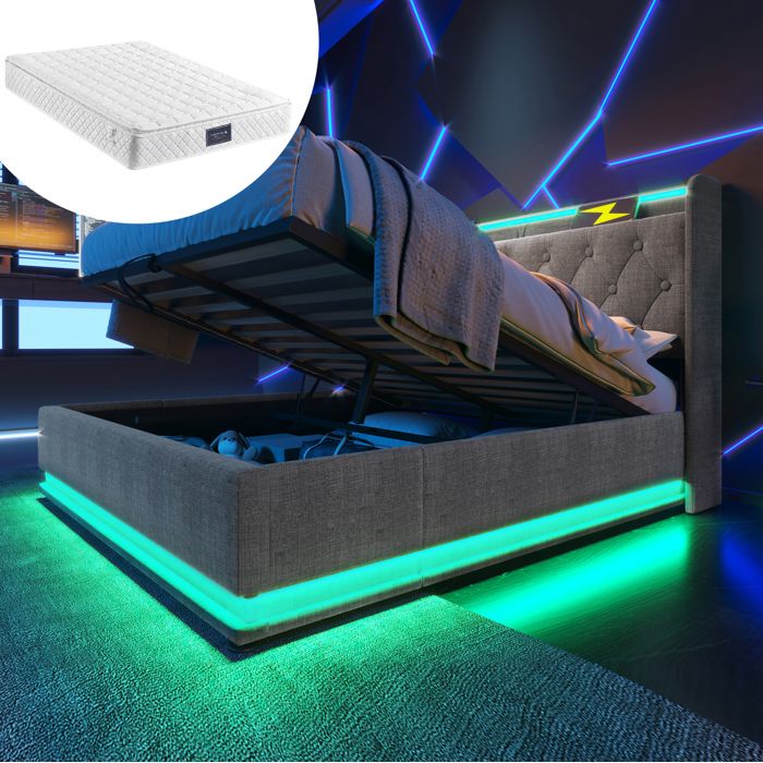 Lit coffre 140 x 200 cm - Gris - LED 360 USB et Type-C - avec sommier a lattes et matelas