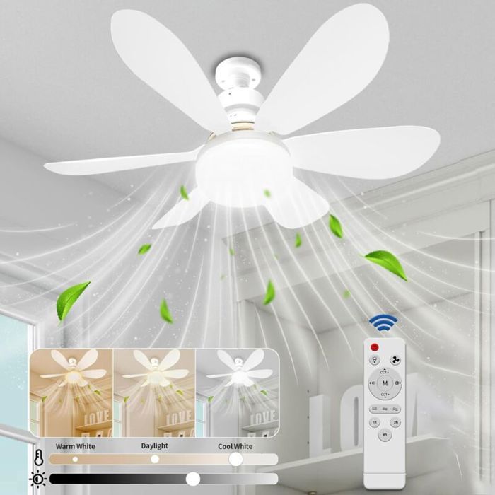 Ventilateur de plafond avec lumière et télécommande modèle 52 cm petit dimmable LED avec douille E27 6 pales 3 vitessesminuterie