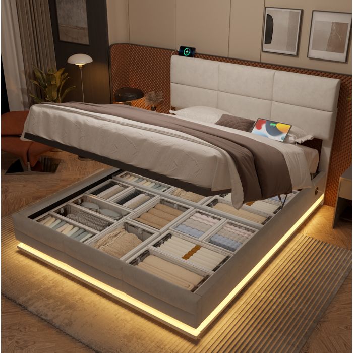 Lit coffre en velours beige 160x200 cm - Tete de lit reglable LED integree USB/Type-C relevage hydraulique