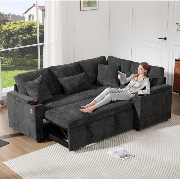 Canapé dangle en L convertible avec coffre assise extensible port USB porte-gobelets 4 coussins Gris