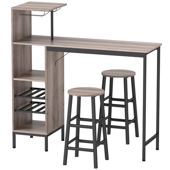 Ensemble de bar compact - Gris - Bois - Dimensions table: 121 5x40x122 cm - Tabourets: Ø30x60 cm