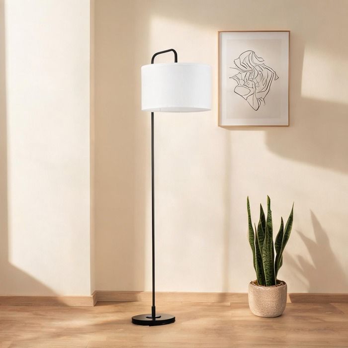 Lampe de salon sur pied design contemporain en acier noir et abat-jour en tissu blanc - 64 x 38 x 163 5 cm