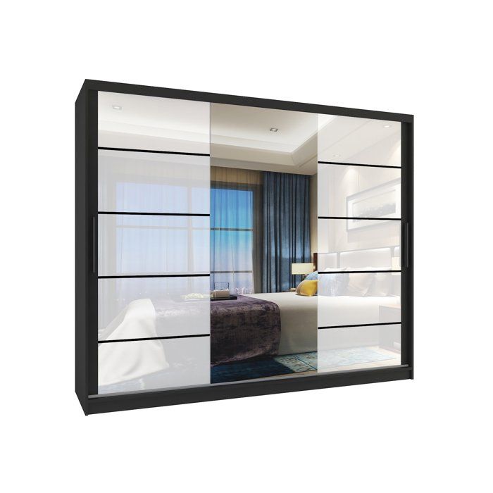 BELINI Grande Armoire 3 Portes Coulissantes VERONA MGB 232 cm - Noir / Blanc Brillant - Miroir Intégré & 4 Tiroirs - Chambre Adulte
