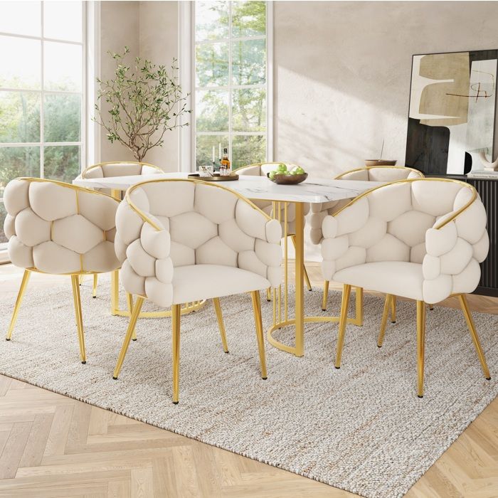 Ensemble Table À Manger 7 Pièces 140 x 80 cm Avec 6 Chaises En Velours Beige Plateau Effet Marbre Pieds En Métal Dorés