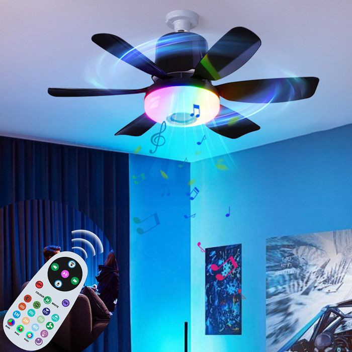 Ventilateur plafond avec lumiere LED E27 avec lumière RGB et télécommande lampe ventilateur de plafond 2 en 1Noire