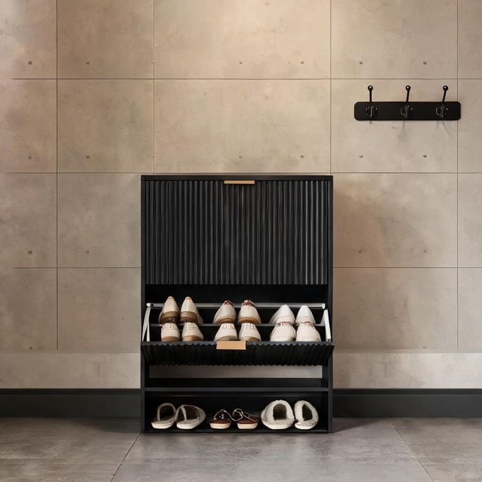 Meuble à chaussures MDF deep black 80 x 24 cm avec clapets et niche ouverte pour entrée