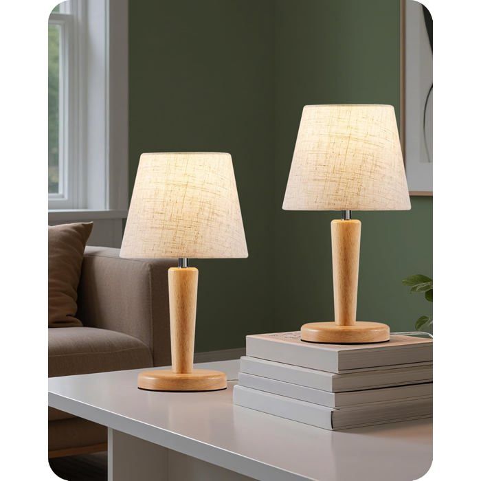 Lot de 2 lampes de chevet abat-jour lin beige douille E27 ampoule LED 3 températures couleur fonction mémoire base bois