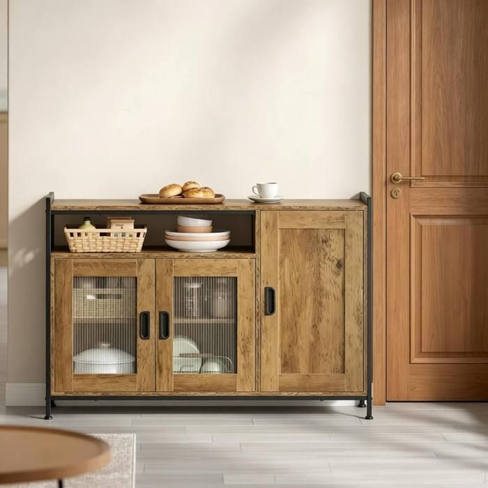Buffet de cuisine avec 3 Portes 1 Niche Ouverte et Étagères Réglables - ELVMI - Industriel Bois et Métal Marron 110×33×75 cm