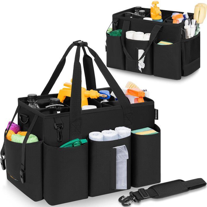 Sac nettoyage bandoulière et poignée organisateur 4 compartiments Oxford 600D base PP rigide poche latérale 37 5 x 26 x 20 cm