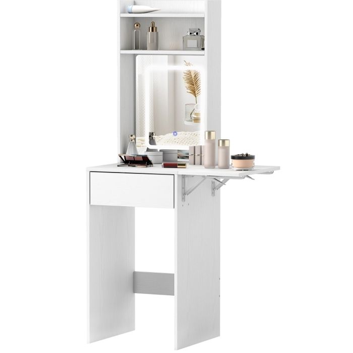 WOVREO coiffeuse compacte 45 x 45 x 152 cm miroir LED 3 couleurs plateau rabattable MDF blanc