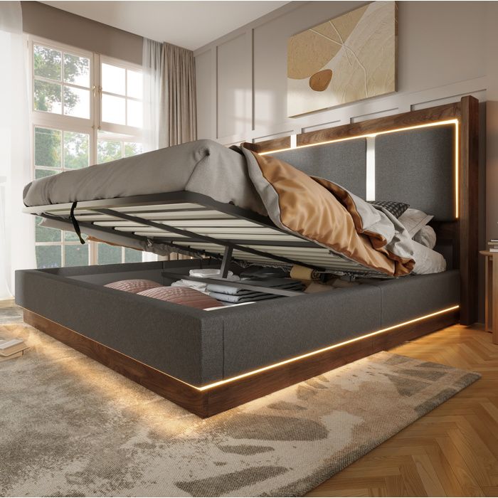 MEUBLIV Lit double 180x200 cm avec sommier à lattes LED intégrées coffre hydraulique gris et noyer