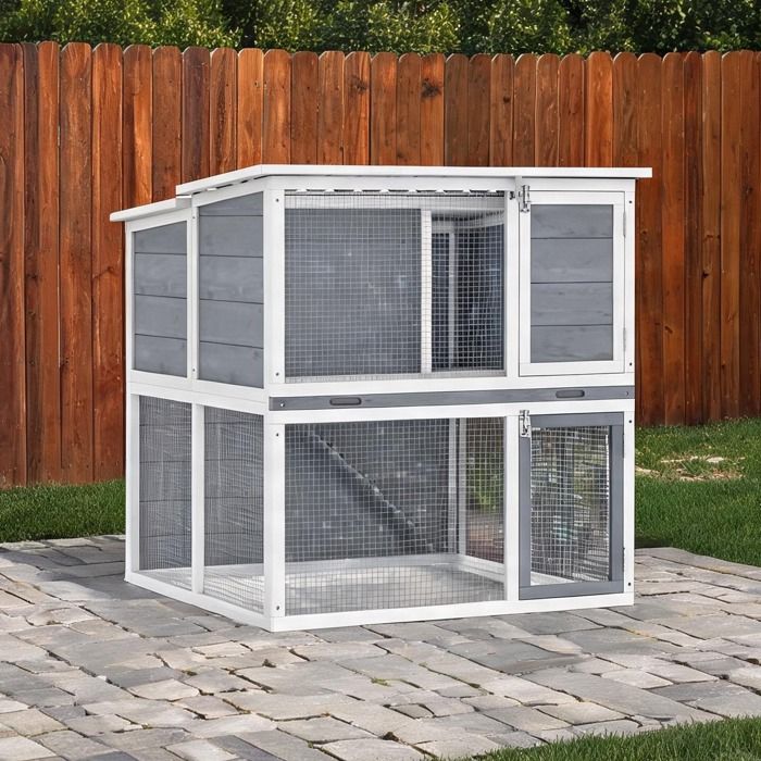 Clapier extérieur 2 étages pour lapins en pin gris avec toit PET plateau amovible et rampe 98 x 95 x 102 5 cm