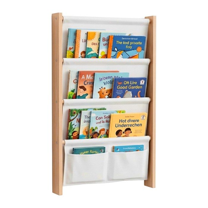 Relaxdays étagère à livres 5 poches en tissu fixation murale pour enfants H x L x P : 80 x 44 5 x 6 cm MDF blanc