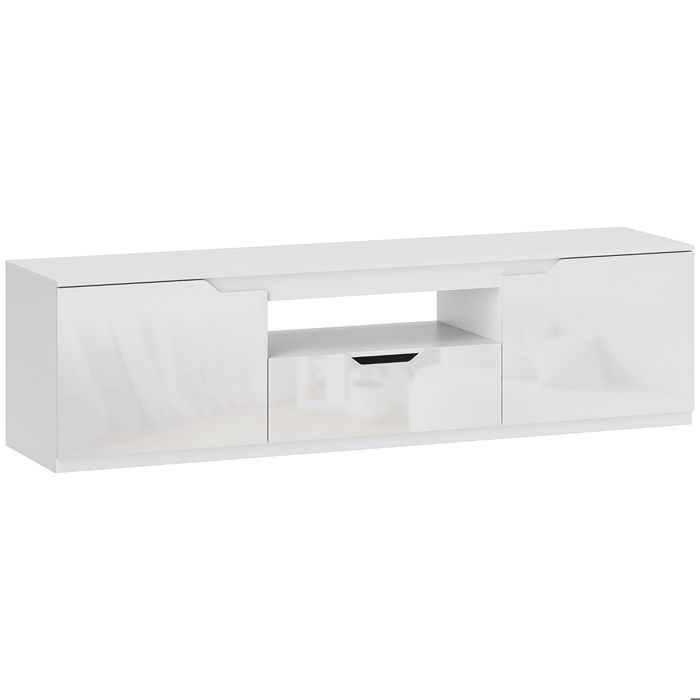 Meuble TV blanc 160 cm 2 portes + tiroir passage câbles pour TV jusquà 65 pouces salon